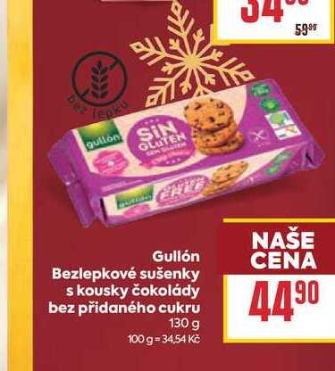 Gullón Bezlepkové sušenky s kousky čokolády bez přidaného cukru 130 g