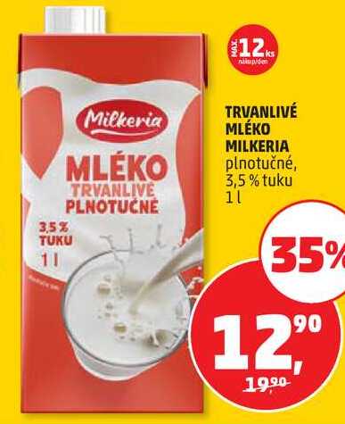 TRVANLIVÉ MLÉKO MILKERIA plnotučné, 3,5% tuku, 1 l