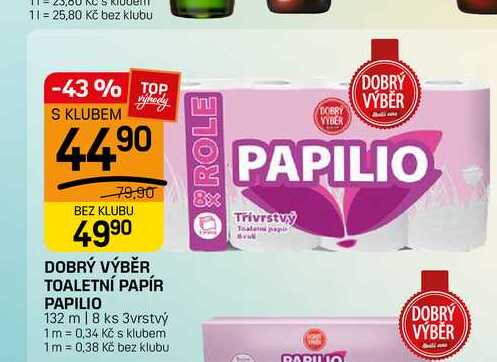DOBRÝ VÝBĚR TOALETNÍ PAPÍR PAPILIO 132 m | 8 ks 3vrstvý 