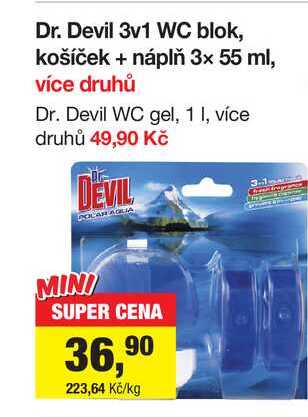 Dr. Devil 3v1 WC blok, košíček + náplň 3× 55 ml
