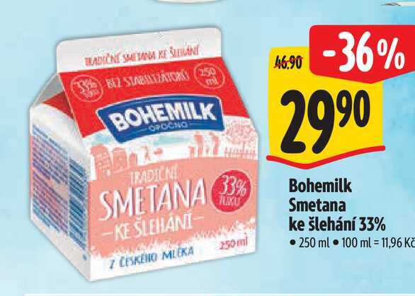   Bohemilk Smetana ke šlehání 33%  250 ml   v akci