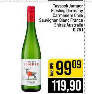 Tussock Jumper Riesling Germany Carmenere Chile Sauvignon Blanc France Shiraz Australia 0,75l