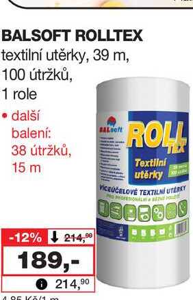 BALSOFT ROLLTEX textilní utěrky, 39 m, 100 útržků, 1 role