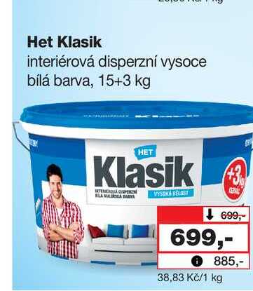 Het Klasik interiérová disperzní vysoce bílá barva, 15+3 kg