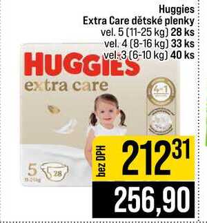 Huggies Extra Care dětské plenky vel. 5 (11-25 kg) 28 ks vel. 4 (8-16 kg) 33 ks vel. 3 (6-10 kg) 40 ks