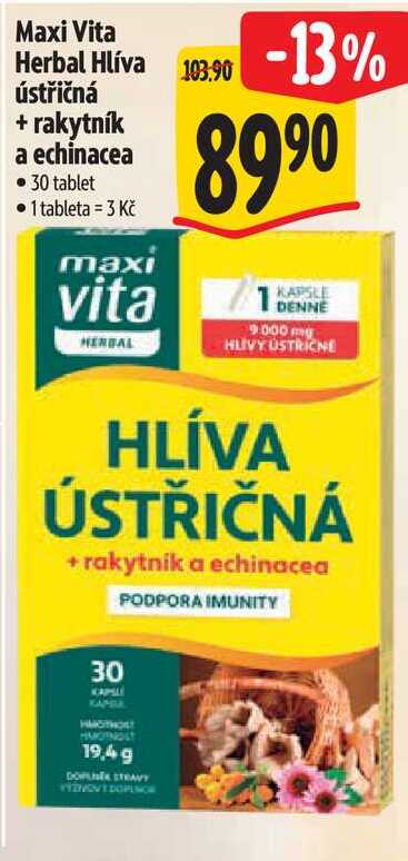 Maxi Vita Herbal Hlíva ústřičná + rakytník a echinacea, 30 tablet
