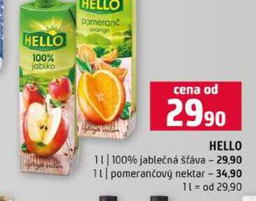 HELLO 1l 100% jablečná šťáva 1l pomerančový nektar 