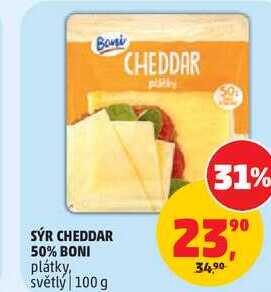 SÝR CHEDDAR 50% BONI plátky, světlý, 100g