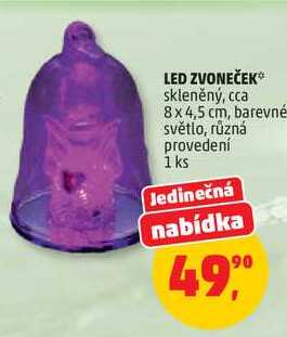 LED ZVONEČEK skleněný, cca 8x4,5 cm, barevné světlo, různá provedení, 1 ks 