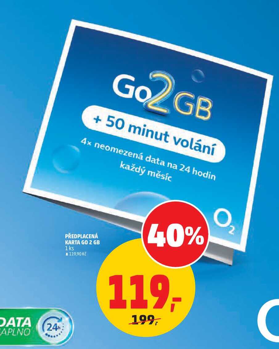 Go2 GB + 50 minut volání 4x neomezená data na 24 hodin PŘEDPLACENÁ KARTA GO 2 GB, 1 ks