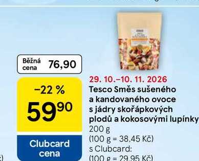 Tesco Směs sušeného a kandovaného ovoce s jádry skořápkových plodů a kokosovými lupínky, 200 g