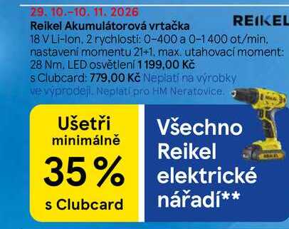 Reikel Akumulátorová vrtačka REIKEL 18 V Li-lon. 2 rychlosti: 0-400 a 0-1400 ot/min. nastavení momentu 21+1. max. utahovací moment: 28 Nm. LED osvětlení