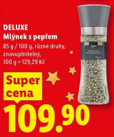 DELUXE Mlýnek s pepřem, 85 g/100 g, různé druhy