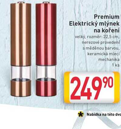 Premium Elektrický mlýnek na koření velký, rozměr: 22,5 cm nerezové provedení s měděnou barvou, keramická mlecí mechanika 1 ks 