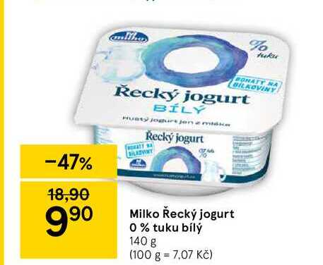 Milko Řecký jogurt 0% tuku bílý 140 g