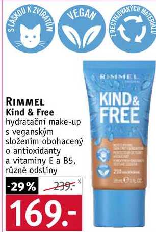 RIMMEL Kind & Free hydratační make-up s veganským složením obohacený o antioxidanty a vitaminy E a B5, různé odstíny