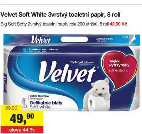 Velvet Soft White 3vrstvý toaletní papír, 8 roli  