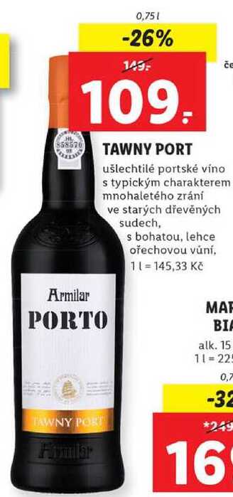 TAWNY PORT ušlechtilé portské víno s typickým charakterem mnohaletého zrání ve starých dřevěných sudech, s bohatou, lehce ořechovou vůní, 0,75 l