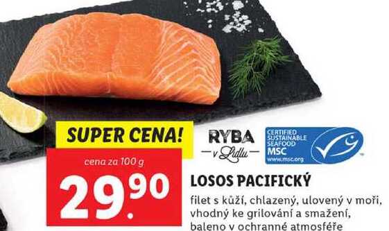 LOSOS PACIFICKÝ filet s kůží, chlazený, ulovený v moři, vhodný ke grilování a smažení, cena za 100 g