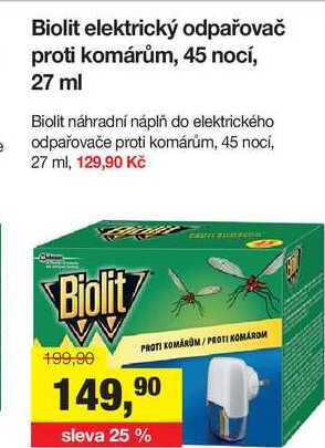 e Biolit elektrický odpařovač proti komárům, 45 nocí, 27 ml  