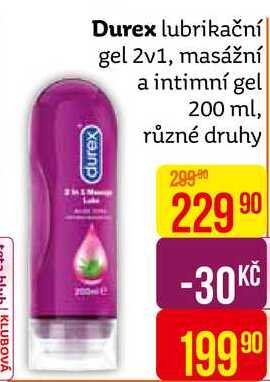 Durex lubrikační gel 2v1, masážní a intimní gel 200 ml, různé druhy