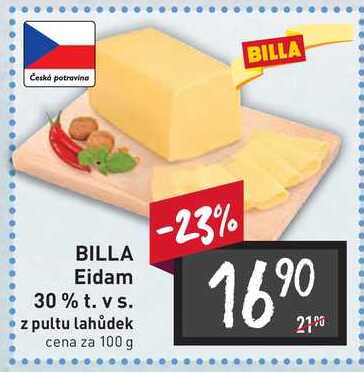 BILLA Eidam 30% t. vs. z pultu lahůdek cena za 100g