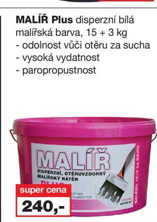 MALÍŘ Plus disperzní bílá malířská barva, 15 + 3 kg