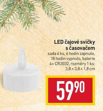 LED čajové svíčky s časovačem sada 4 ks, 6 hodin zapnuto, 18 hodin vypnuto, baterie 4x CR2032, rozměry 1 ks: 3,8×3,8 x 1,8 cm