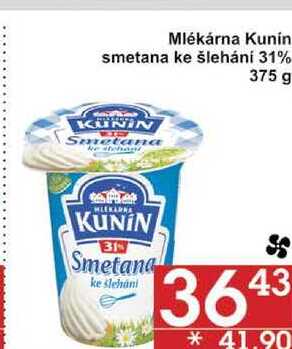 Mlékárna Kunin smetana ke šlehání 31%, 375 g v akci