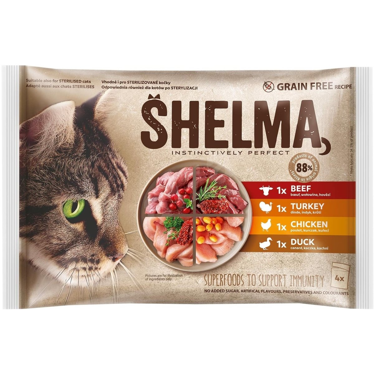 Shelma Bezobilné dušené filetky masový výběr pro kočky 4×85 g