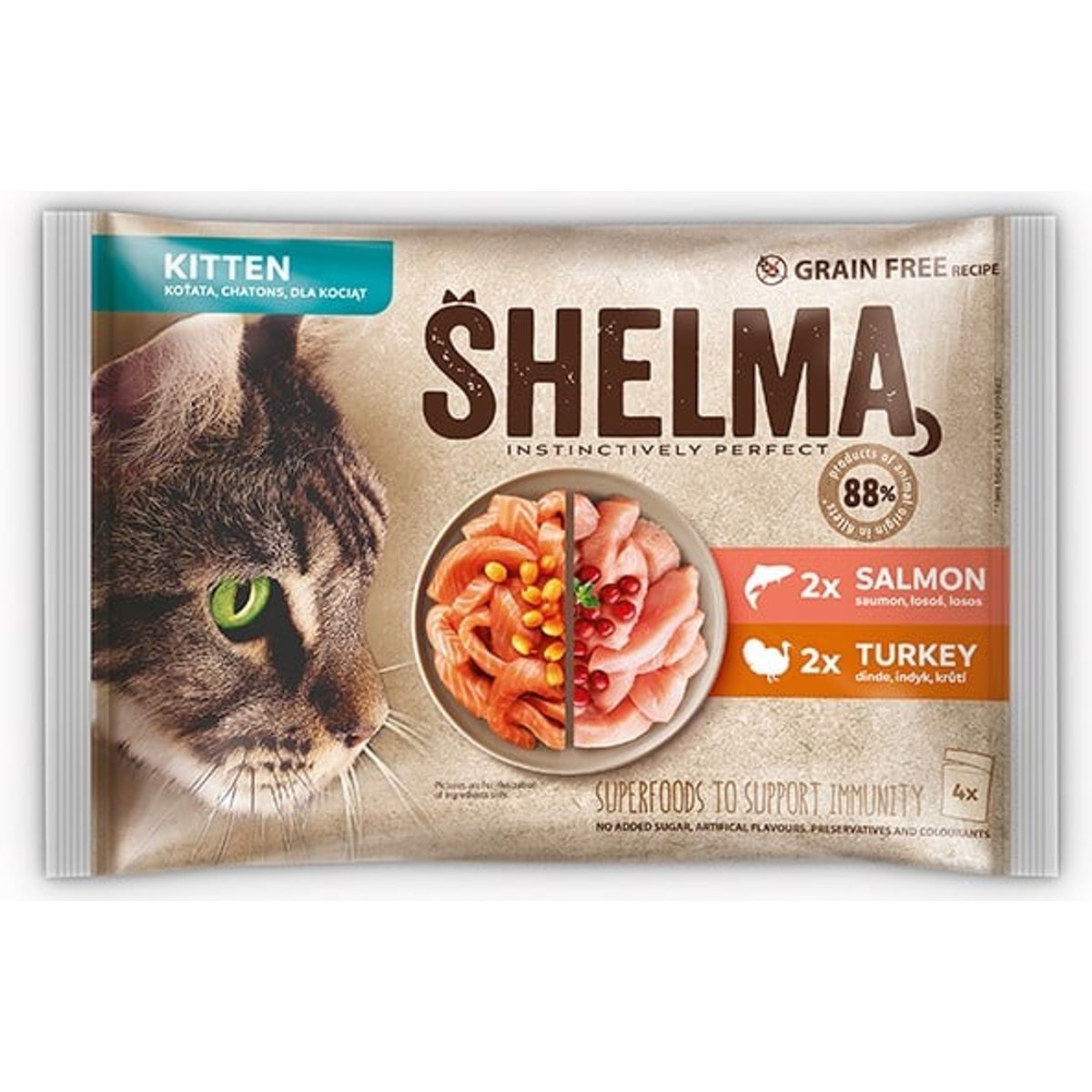 Shelma Bezobilné dušené filetky pro koťata losos a krůta 4×85 g