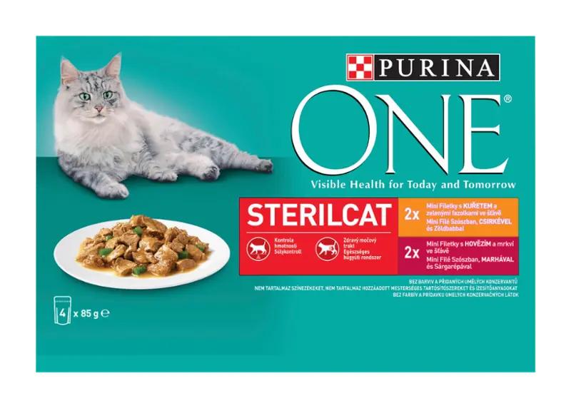 PURINA ONE Kapsička pro kočky Sterilcat s kuřetem a zelenými fazolkami, s hovězím a mrkví ve šťávě multipack 4x 85 g, 340 g