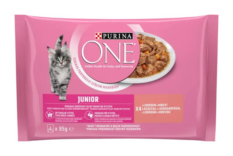 PURINA ONE Kapsička pro kočky Junior s lososem a mrkví ve šťávě multipack 4 x 85g, 340 g