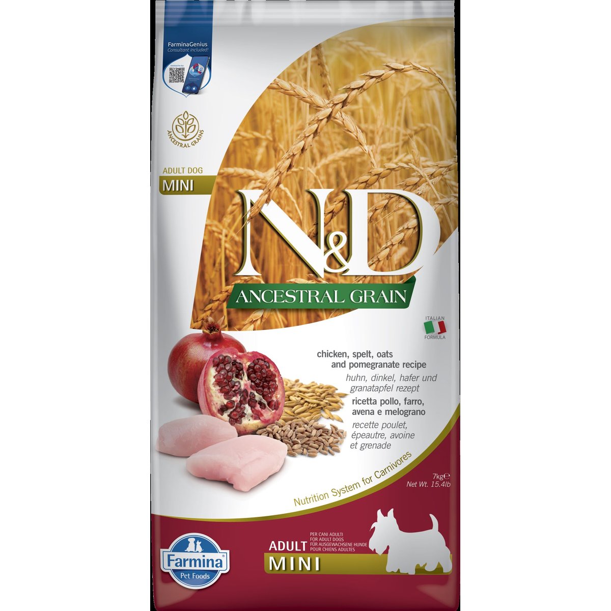 N&D Ancestral Grain granule pro dospělé psy malých plemen s kuřecím a granátovým jablkem