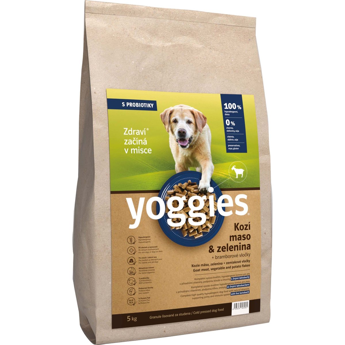 Yoggies Kozí maso a zelenina – hypoalergenní granule lisované za studena s probiotiky pro psy