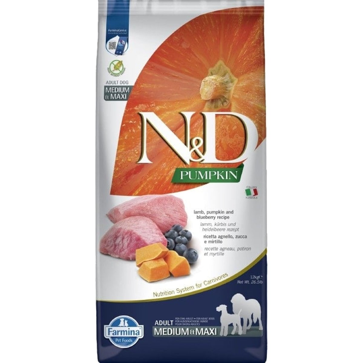 N&D Pumpkin granule pro psy středních a velkých plemen s jehněčím, dýní a borůvkami