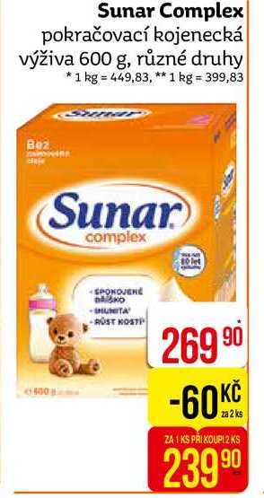 Sunar Complex 2 pokračovací sušená mléčná kojenecká výživa 600g