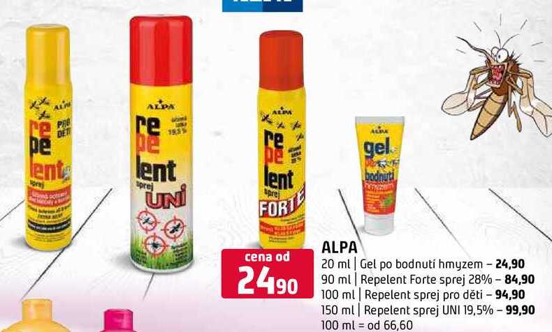 Alpa Gel po bodnutí hmyzem 20ml Repelent Forte sprej 28%  Repelent sprej pro děti 100 ml Repelent sprej UNI 19,5% 150 ml 