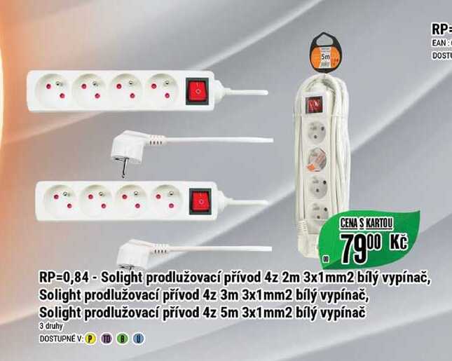 RP=0,84-Solight prodlužovací přívod 4z 2m 3x1mm2 bílý vypínač, Solight prodlužovací přívod 4z 3m 3x1mm2 bílý vypínač, Solight prodlužovací přívod 4z 5m 3x1mm2 bílý vypínač 