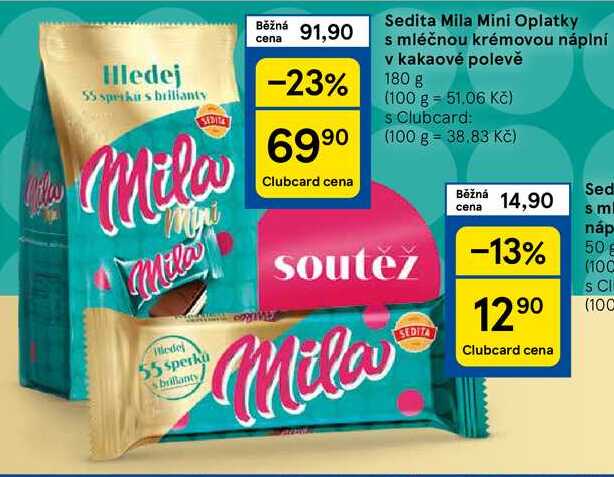 Sedita Mila Mini Oplatky s mléčnou krémovou náplní v kakaové polevě, 180 g 