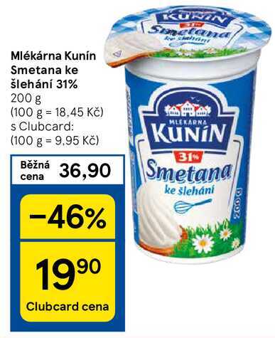 Mlékárna Kunín Smetana ke šlehání 31%, 200 g