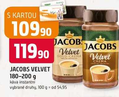 JACOBS VELVET 180-200 g káva instantni vybrané druhy, 100 g = od 54,95 JACOBS Velvet CREMA  v akci