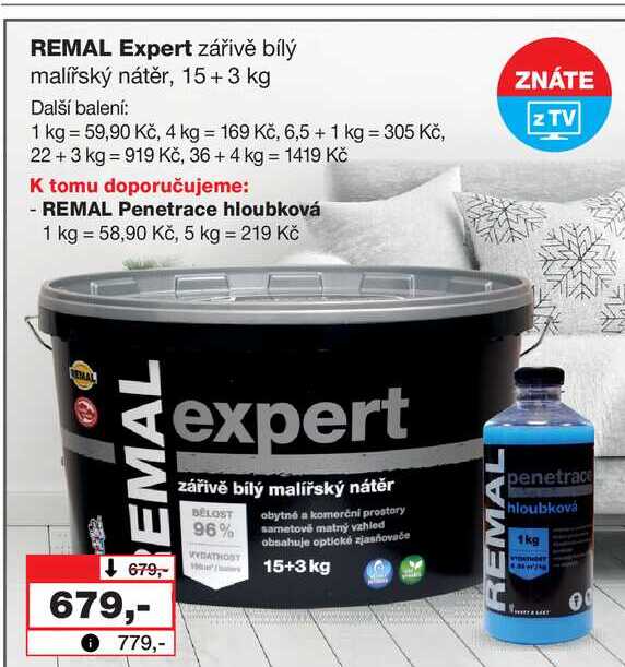 REMAL Expert zářivě bílý malířský nátěr, 15+3 kg 