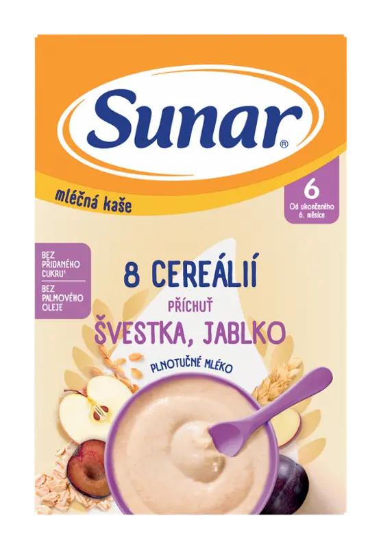 Sunar Mléčná kaše 8 cereálií s příchutí švestky a jablka, 210 g