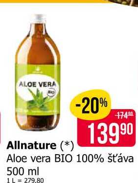 Allnature Aloe vera BIO 100% šťáva 500 ml 