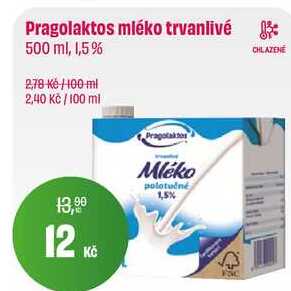 Pragolaktos Mléko s nízkým obsahem laktózy trvanlivé polotučné 1,5% 500ml