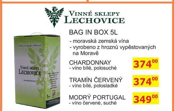 VINNÉ SKLEPY LECHOVICE CHARDONNAY - víno bílé, polosuché BOX 5l