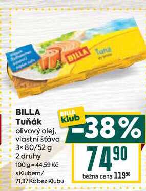 BILLA Tuňák olivový olej, vlastní šťáva 3x 80/52 g 