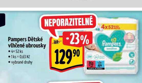 Pampers Dětské vlhčené ubrousky • 4× 52 ks 