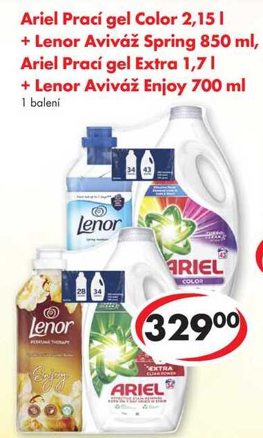 Ariel Prací gel Color 2,15 l + Lenor Aviváž Spring 850 ml, Ariel Prací gel Extra 1,7 l + Lenor Aviváž Enjoy 700 ml 